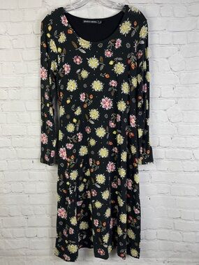 GUDRUN SJODEN black floral long sleeve boat neck lightweight flowy dress, size S